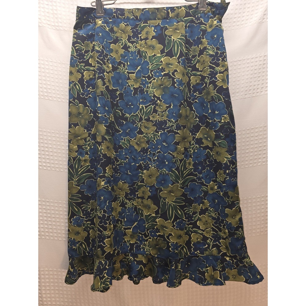Notation Clothing Co Womens Skirt Size Large Blue Green Floral Ruffle A-Line L